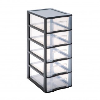 SUNDIS Orgamix, petite tour de rangement en plastique gris, 3 tiroirs  transparents format A6, hauteur 17 cm, superposable, idéale rangement