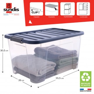 Lot de 6 boîtes de rangement en plastique transparent 45L empilables avec couvercle clipsable WAVE BOX