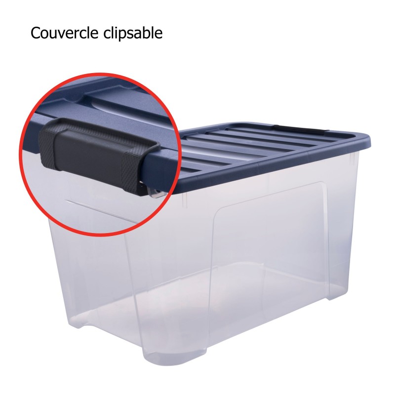 Lot de 6 boîtes de rangement en plastique transparent 45L empilables avec couvercle clipsable WAVE BOX