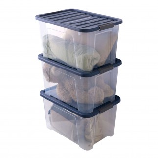 Lot de 3 boîtes de rangement en plastique transparent 45L empilables avec couvercle clipsable WAVE BOX
