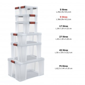 Lot de 4 boîtes de rangement en plastique transparent 9L renforcées avec couvercle clipsable CLIP’N STORE