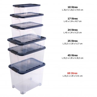 Lot de 5 boîtes de rangement en plastique transparent 60L XL empilables avec roues et couvercle clipsable WAVE BOX