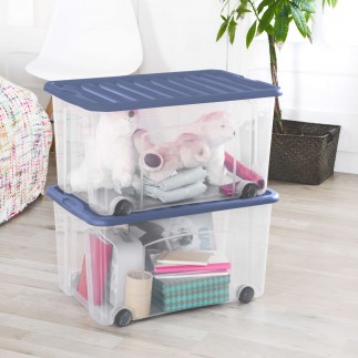 Lots de 3 boîtes de rangement à roulettes 50L avec couvercle VENTILO - bleu