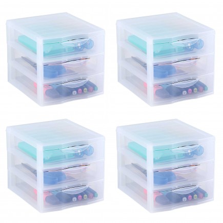 Lot de 4 petites tours de rangement plastiques A6 Orgamix 3 tiroirs - transparent