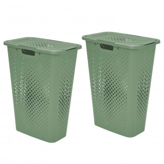 Lot de 2 paniers à linge en plastique avec couvercle 40l slim PIXEL - vert sauge