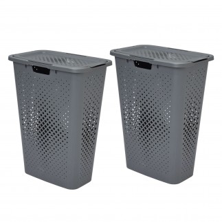 Lots de 2 paniers à linge en plastique avec couvercle 40l slim PIXEL - gris