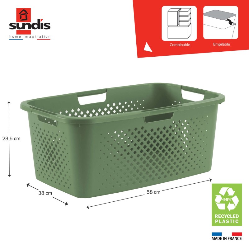 Panier à linge 40l en plastique recyclé PIXEL vert sauge