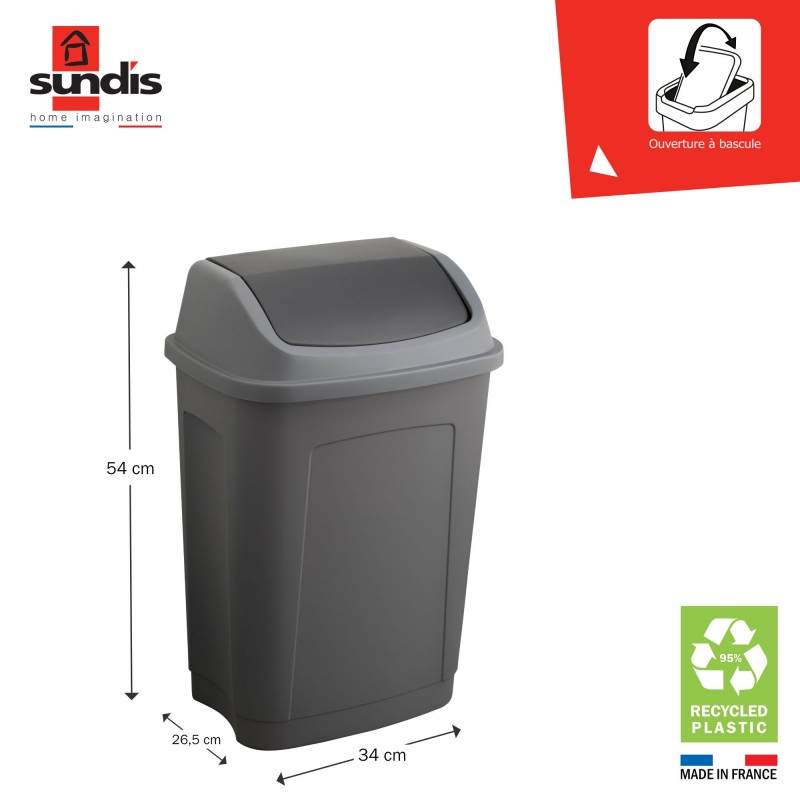 Poubelle à couvercle basculant 25 litres rectangulaire en plastique recyclé SWING