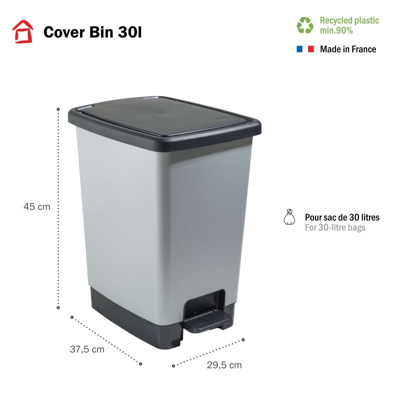 Poubelle à pédale 30 litres rectangulaire en plastique recyclé COVER BIN