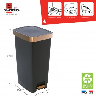 Lot de 2 poubelles à pédale 40 litres rectangulaires en plastique recyclé RING BIN - cuivre