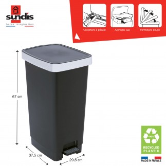 Lot de 2 poubelles à pédale 40 litres rectangulaires en plastique recyclé RING BIN - métal