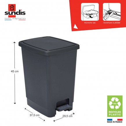 Poubelle à pédale 30 litres rectangulaire en plastique recyclé FLAT BIN