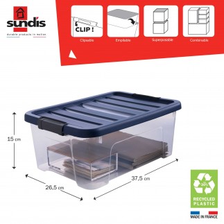 Lot de 6 boîtes de rangement en plastique transparent 10L empilables avec couvercle clipsable WAVE BOX