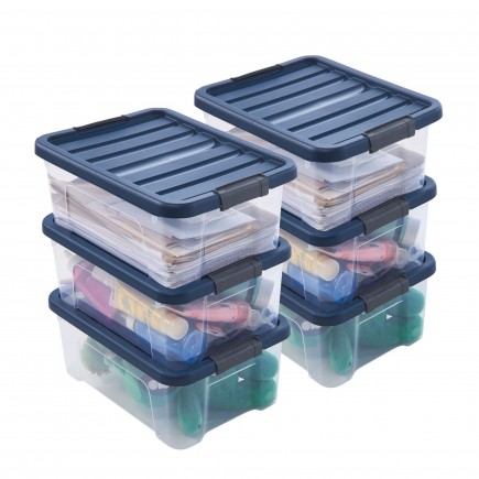 Lot de 6 boîtes de rangement en plastique transparent 10L empilables avec couvercle clipsable WAVE BOX