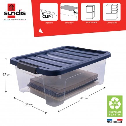 Lot de 5 boîtes de rangement en plastique transparent 17L empilables avec couvercle clipsable WAVE BOX