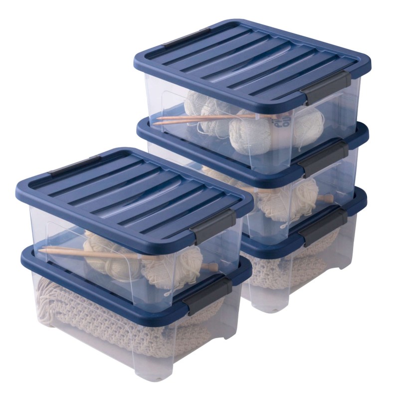 Lot de 5 boîtes de rangement en plastique transparent 17L empilables avec couvercle clipsable WAVE BOX