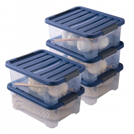 Lot de 5 boîtes de rangement en plastique transparent 17L empilables avec couvercle clipsable WAVE BOX