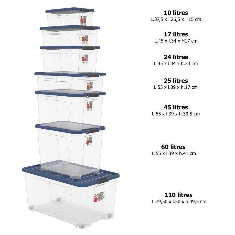 Lot de 5 boîtes de rangement en plastique transparent 17L empilables avec couvercle clipsable WAVE BOX