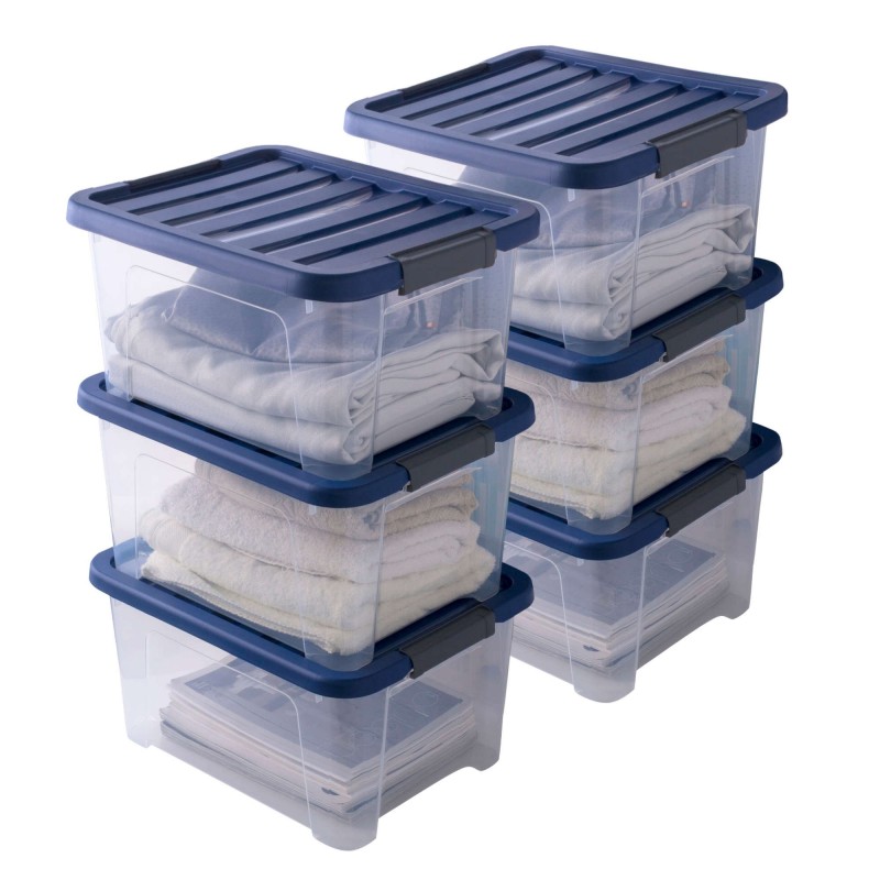 Lot de 6 boîtes de rangement en plastique transparent 24L empilables avec couvercle clipsable WAVE BOX