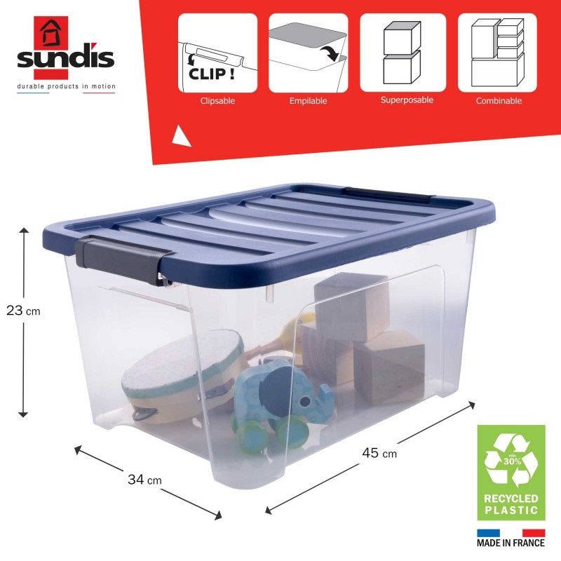 Lot de 6 boîtes de rangement en plastique transparent 24L empilables avec couvercle clipsable WAVE BOX