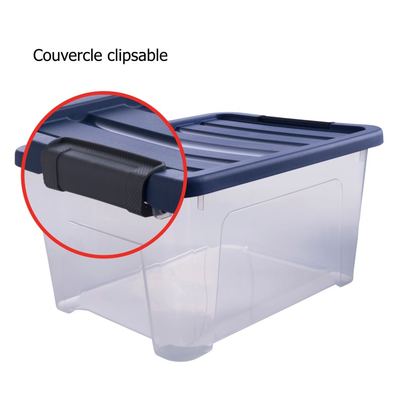 Lot de 6 boîtes de rangement en plastique transparent 24L empilables avec couvercle clipsable WAVE BOX