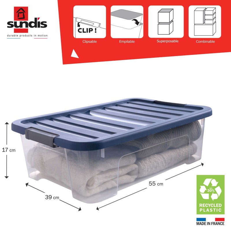 Lot de 6 boîtes de rangement en plastique transparent 25L empilables avec couvercle clipsable WAVE BOX