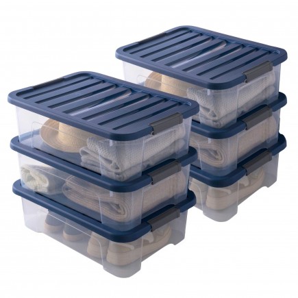 Lot de 6 boîtes de rangement en plastique transparent 25L empilables avec couvercle clipsable WAVE BOX