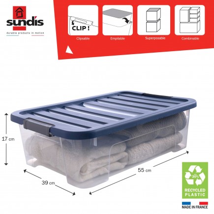 Lot de 9 boîtes de rangement en plastique transparent 25L empilables avec couvercle clipsable WAVE BOX