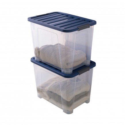 Lot de 2 boîtes de rangement en plastique transparent 60L XL empilables avec couvercle clipsable WAVE BOX