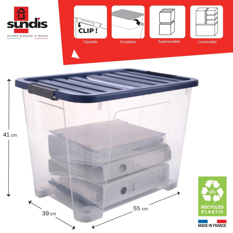 Lot de 5 boîtes de rangement en plastique transparent 60L XL empilables avec couvercle clipsable WAVE BOX