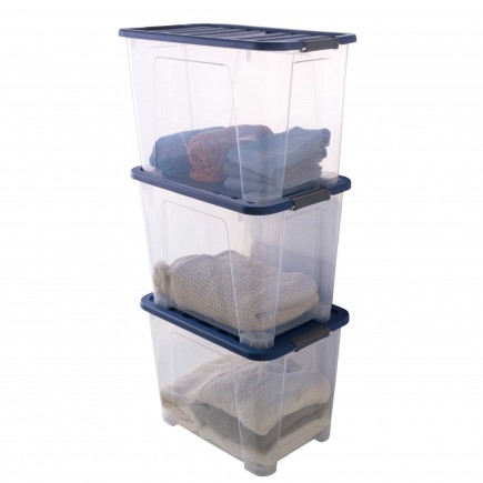 Lot de 3 boîtes de rangement en plastique transparent 60L XL empilables avec couvercle clipsable WAVE BOX