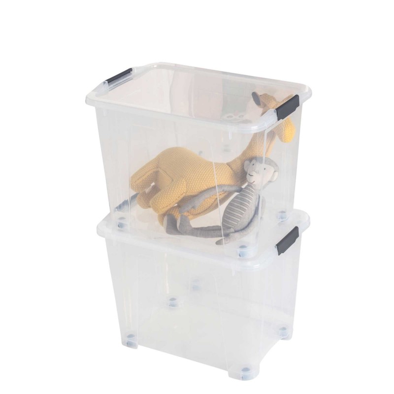 Lot de 2 boîtes de rangement avec roues en plastique transparent 60L avec couvercle clipsable VIEW BOX