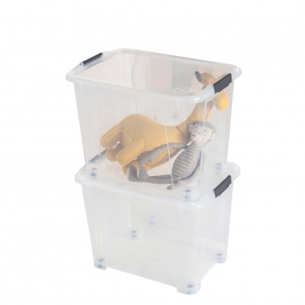 Lot de 2 boîtes de rangement avec roues en plastique transparent 60L avec couvercle clipsable VIEW BOX