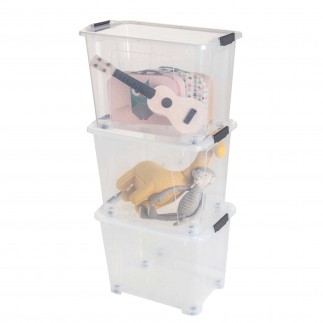 Lot de 3 boîtes de rangement avec roues en plastique transparent 60L avec couvercle clipsable VIEW BOX