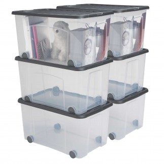 Lots de 6 boîtes de rangement à roulettes 50L avec couvercle VENTILO - gris