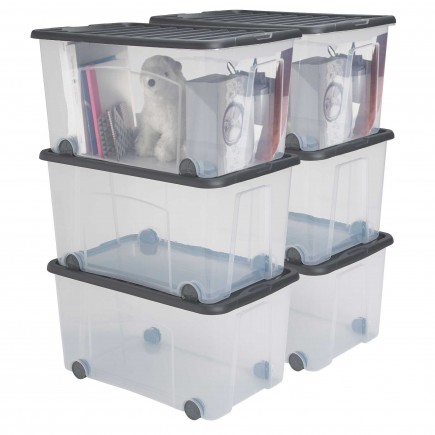 Lots de 6 boîtes de rangement à roulettes 50L avec couvercle VENTILO - gris